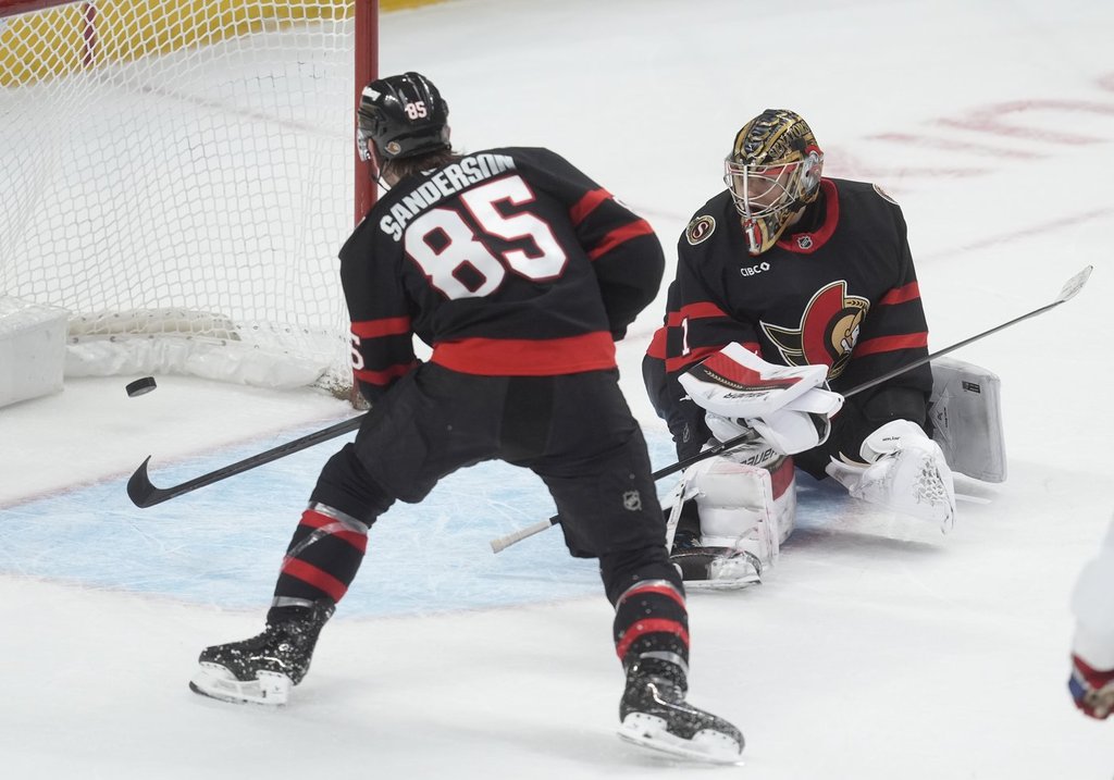 Ottawa Senators goaltender Leevi Merilainen (1) and defenceman Jake Sanderson (85) watch as the game-winning goal enters the net during overtime action against the Montreal Canadiens in NHL action, in Ottawa, Saturday, Jan. 17, 2026. THE CANADIAN PRESS/Adrian Wyld.