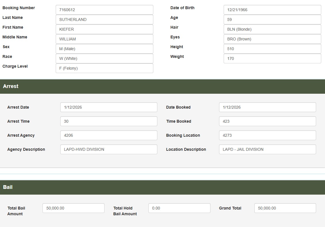 A screenshot of Kiefer Sutherland's booking record.