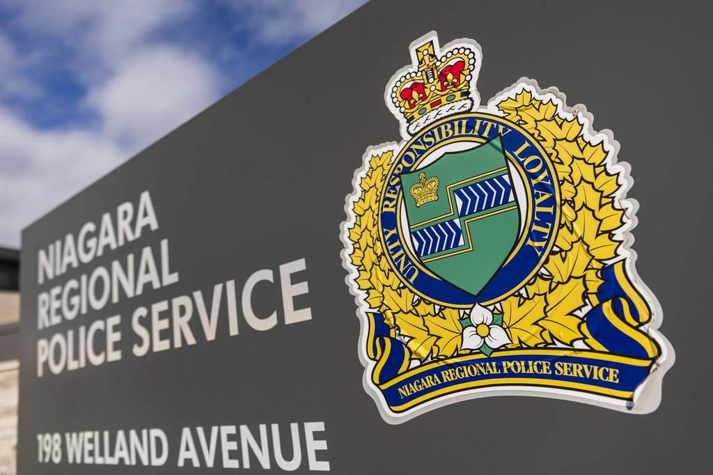 A Niagara Regional Police Service sign is shown in St. Catharines, Ont., Friday, March 15, 2024. THE CANADIAN PRESS/Aaron Lynett.