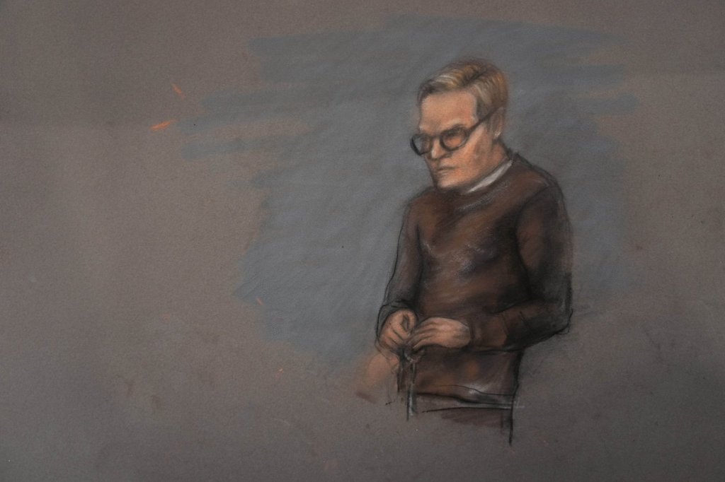 A court sketch of Marius Borg Hoiby during the first day of the trial against him, which is taking place in room 250 of the Oslo District Court, Norway, Tuesday Feb. 3, 2026.