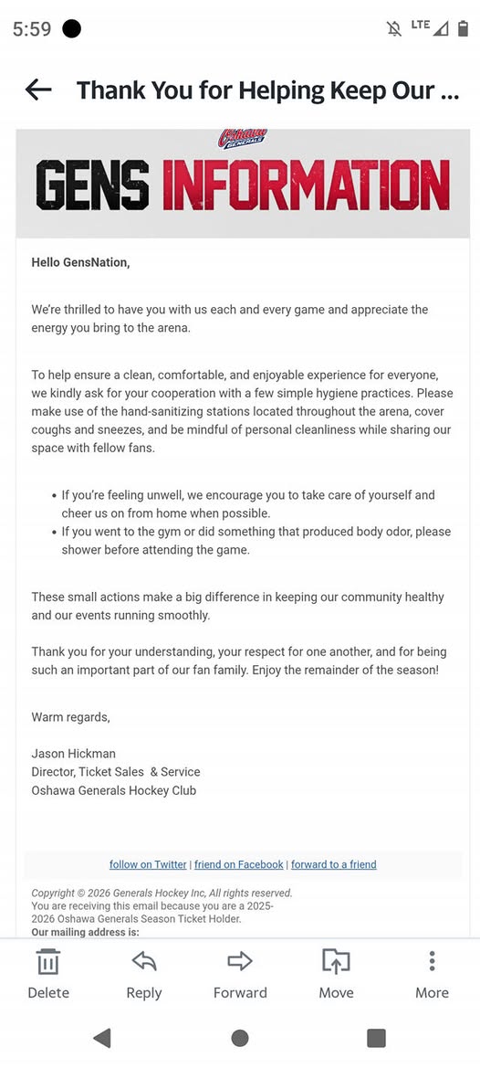 An email sent to Oshawa General season ticket holders asked them to maintain proper hygiene.