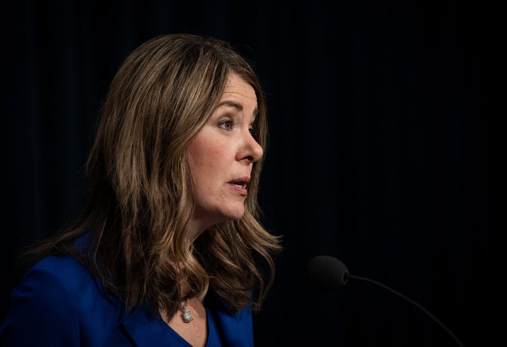 Alberta Premier Danielle Smith answers questions at a news conference in Calgary, on Friday, Feb. 20, 2026. THE CANADIAN PRESS/Todd Korol.