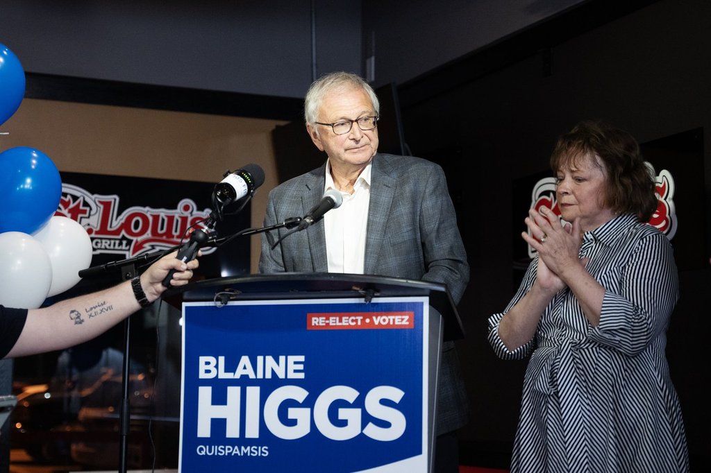 New Brunswick Progressive Conservative Party Leader Blaine Higgs delivers a concession speech with his Marcia Higgs in Quispamsis, N.B., following the results of the provincial election, Monday, Oct. 21, 2024. 