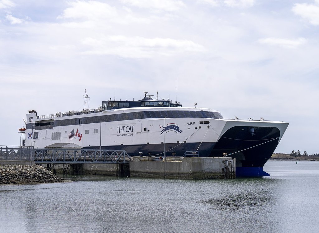 The Cat, a fast ocean-going catamaran car and passenger ferry, is berthed in Yarmouth, N.S on Saturday, May 7, 2022. THE CANADIAN PRESS/Andrew Vaughan.