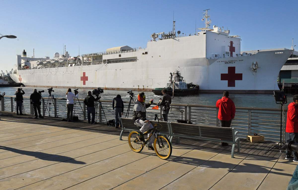 FILE – USNS Mercy docks at the Port of Los Angeles, Friday, March 27, 2020, in Los Angeles.