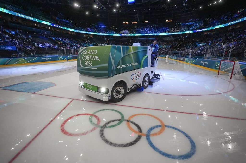 An electric Zamboni is used to resurface the ice before Italy and France play a women's hockey game at the Milano Santagiulia ice hockey arena at the Milan Cortina Winter Olympics, in Milan, on Thursday, Feb. 5, 2026. THE CANADIAN PRESS/Darryl Dyck.