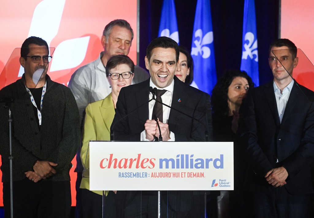 Charles Milliard speaks during a rally naming him as the new leader of the Liberal Party of Quebec in Trois-Rivieres, Que., Sunday, Feb. 15, 2026. 