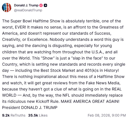 A screenshot of Donald Trump's post on Truth Social.