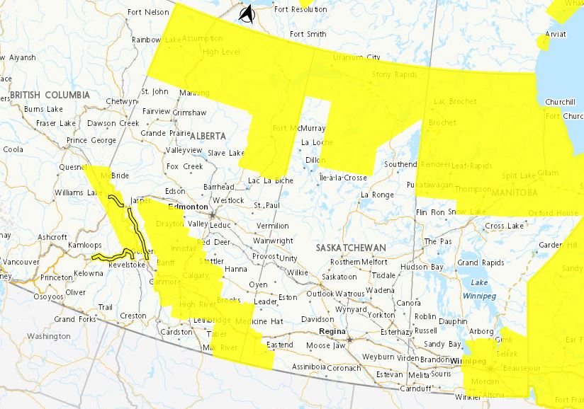 A large swath of southern Alberta, stretching from Jasper to Medicine Hat is under a snowfall warning, with up to 30 cm expected before it tapers off overnight Friday.
