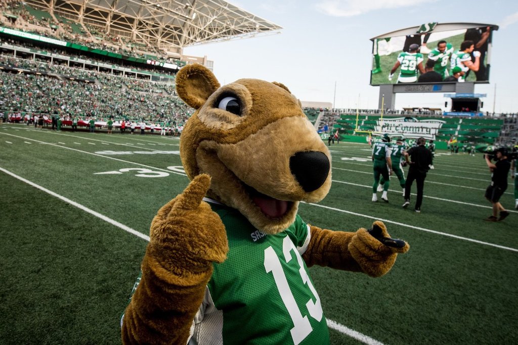Gainer the Gopher greets the crowd during first half CFL action between the Saskatchewan Roughriders and the Calgary Stampeders in Regina on Saturday, July 6, 2019. THE CANADIAN PRESS/Matt Smith.