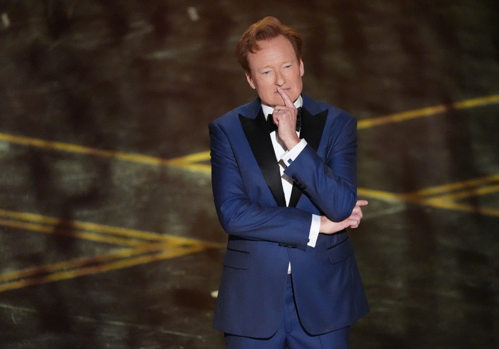 Host Conan O'Brien appears during the Oscars on Sunday, March 15, 2026, at the Dolby Theatre in Los Angeles.