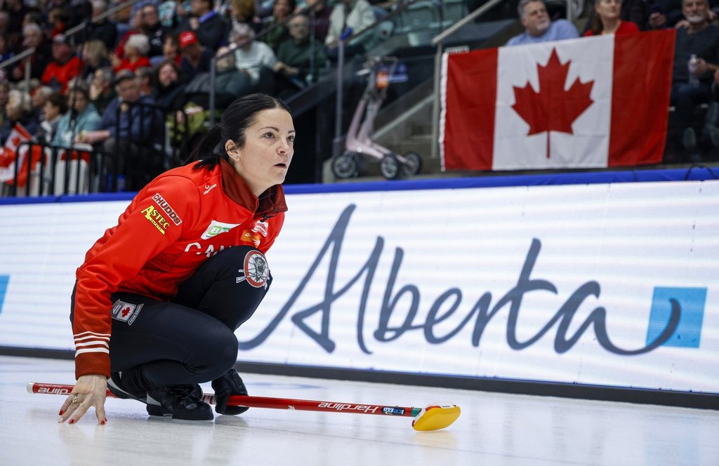 Team Canada skip Kerri Einarson watches her shot against Japan in the semifinal at the World Women's Curling Championship in Calgary, Saturday, March 21, 2026. THE CANADIAN PRESS/Jeff McIntosh.