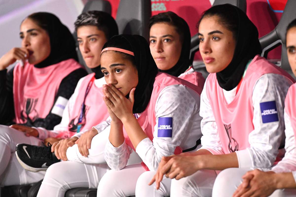 Iranian players react from the bench during the Women's Asia Cup soccer match between Iran and South Korea on the Gold Coast, Australia, Monday, March 2, 2026.