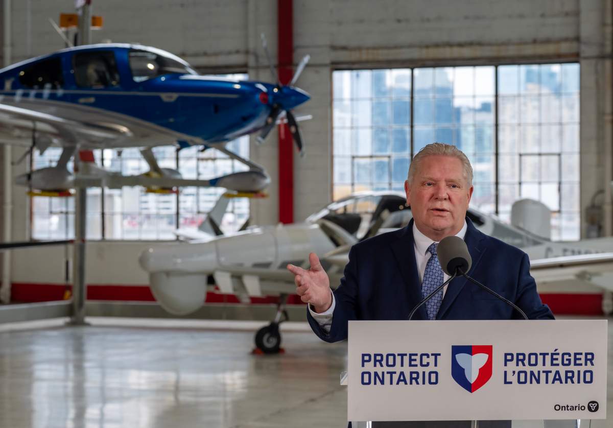 Ontario Premier Doug Ford speaks at an event at Billy Bishop Toronto City Airport on March 23, 2026.