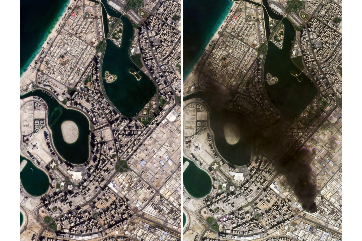 This combination of satellite images provided by Planet Labs PBC show Dubai, United Arab Emirates, on Tuesday, Feb. 24, 2026, left, and on Sunday, March 1, 2026, right. (Planet Labs PBC via AP)