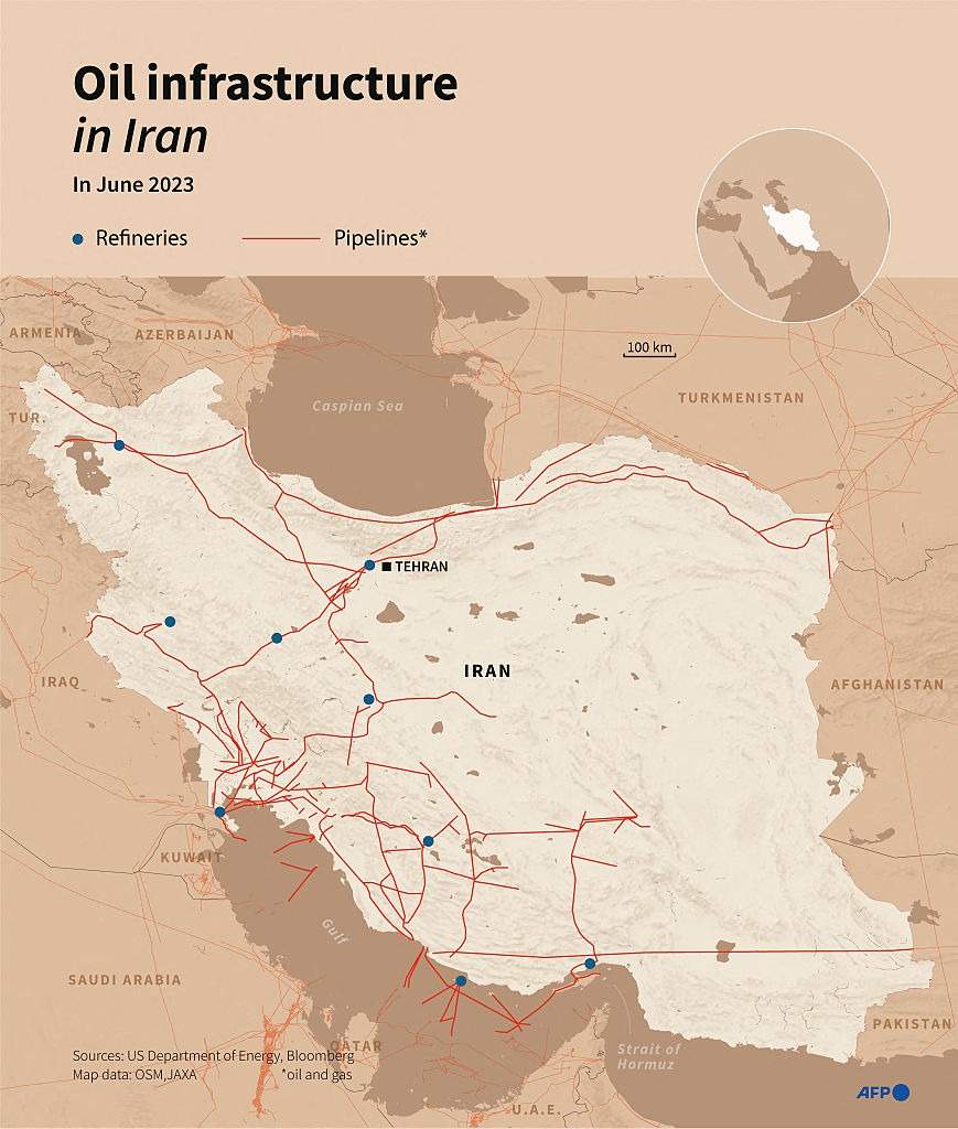 Infographic with a map of refineries and the pipeline network in Iran as of June 2023, according to the US Department of Energy. (Graphic by Pauline PAILLASSA and Julie PEREIRA / AFP via Getty Images)
