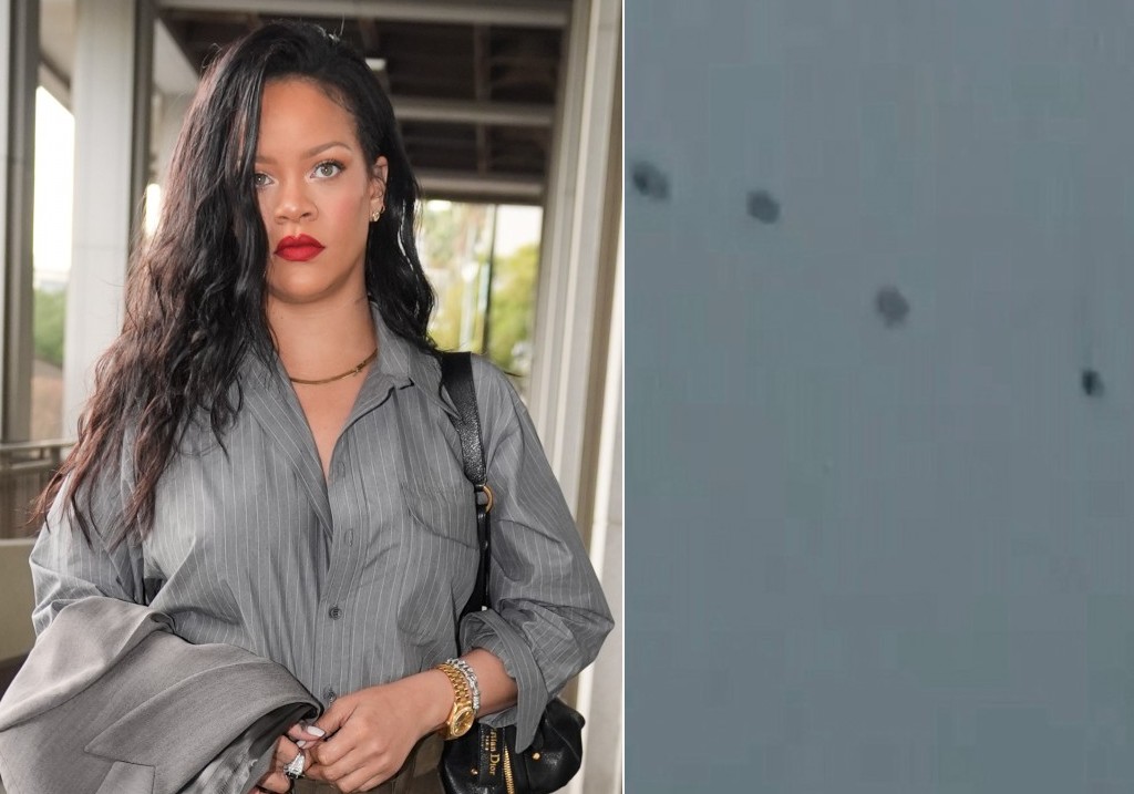 (L-R:) Rihanna arrives at court for the trial of A$AP Rocky, Feb. 18, 2025, in Los Angeles and this image taken from video provided by ABC7 Los Angeles on March 9, 2026 shows what appears to be bullet holes on a wall at singer Rihanna's home in Los Angeles.