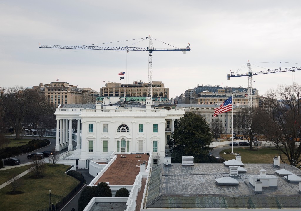 The White House, including the West Wing and construction of the new ballroom, is seen from the Old Eisenhower Executive Office Building on the White House campus Wednesday, Feb. 25, 2026, in Washington.
