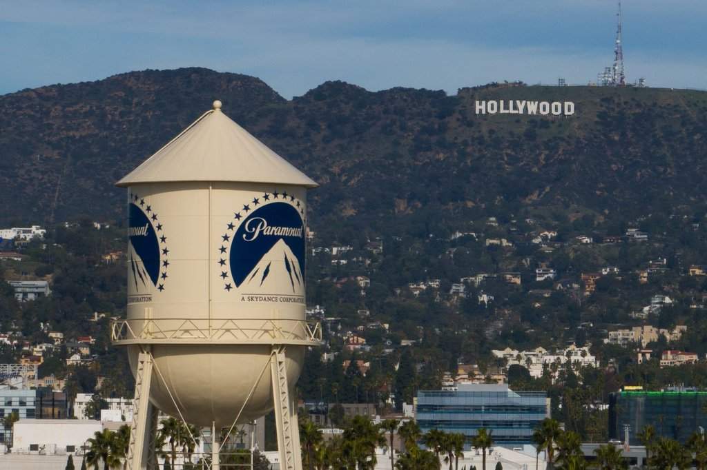FILE - The Paramount Pictures water tower is seen in Los Angeles, Dec. 18, 2025, with the Hollywood sign in the distance.