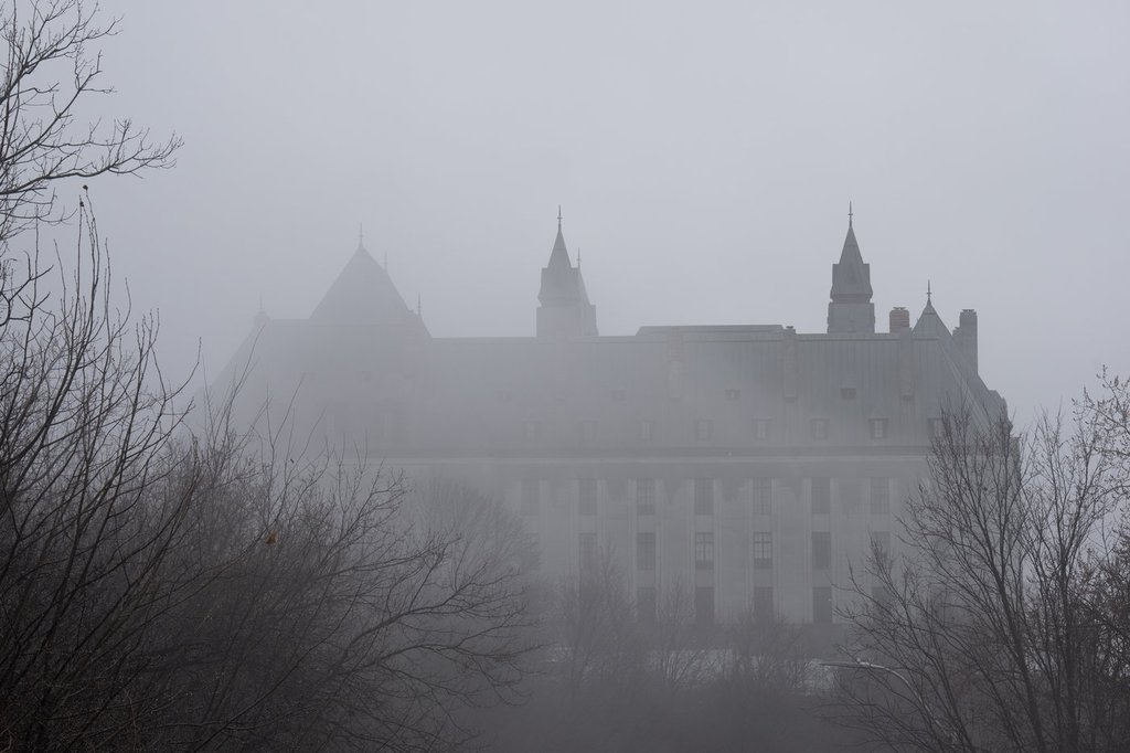 The Supreme Court is seen on a foggy day along the Ottawa River in Ottawa, Thursay, April 16, 2026.
