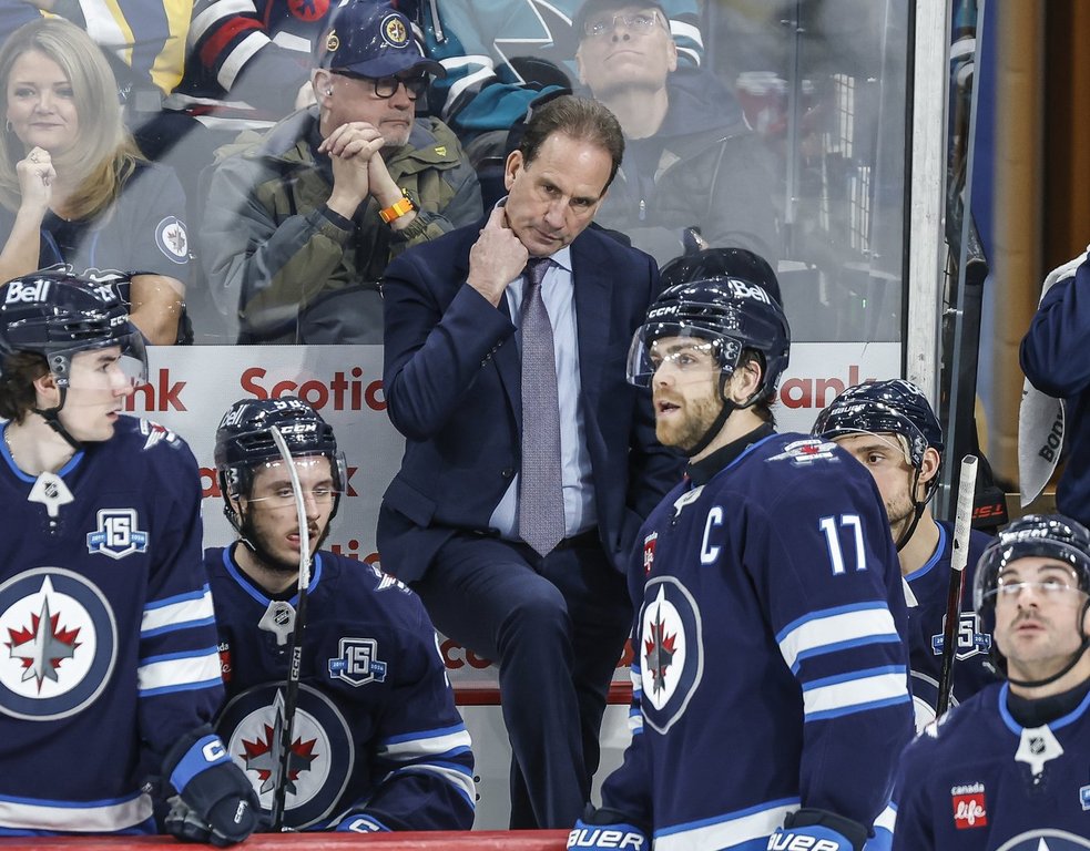 Winnipeg Jets head coach Scott Arniel reacts on the bench against the San Jose Sharks during third period NHL action in Winnipeg on April 16, 2026. THE CANADIAN PRESS/John Woods.