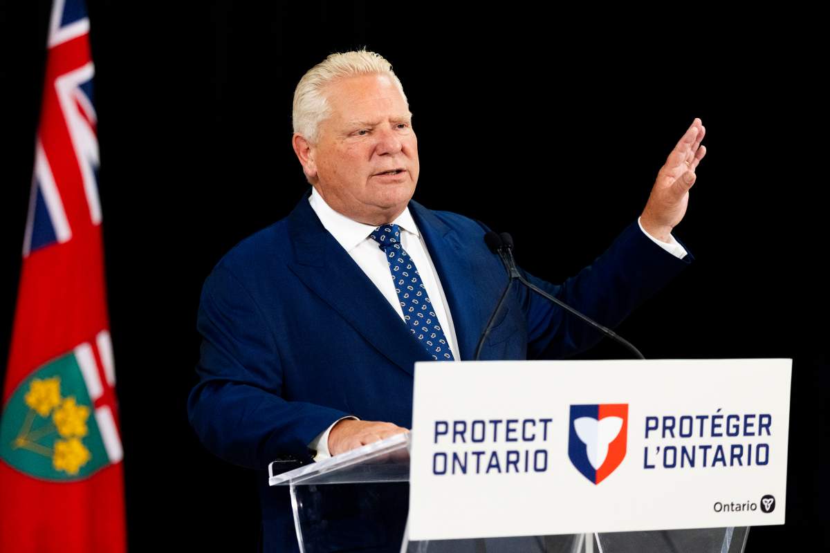 Ontario Premier Doug Ford speaks to the media during a funding announcement in Hamilton, Ont., Wednesday, Aug. 20, 2025. 