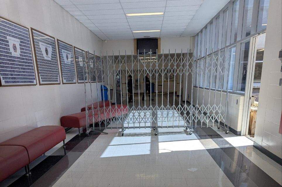 A hallway blocked off as police investigate an incident at Jasper Place High School in west Edmonton on April 10, 2026.