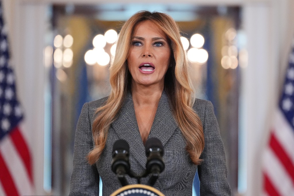 First lady Melania Trump speaks to reporters Thursday, April 9, 2026, in the Grand Foyer of the White House in Washington.