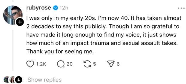 A screenshot of Ruby Rose's Threads post.