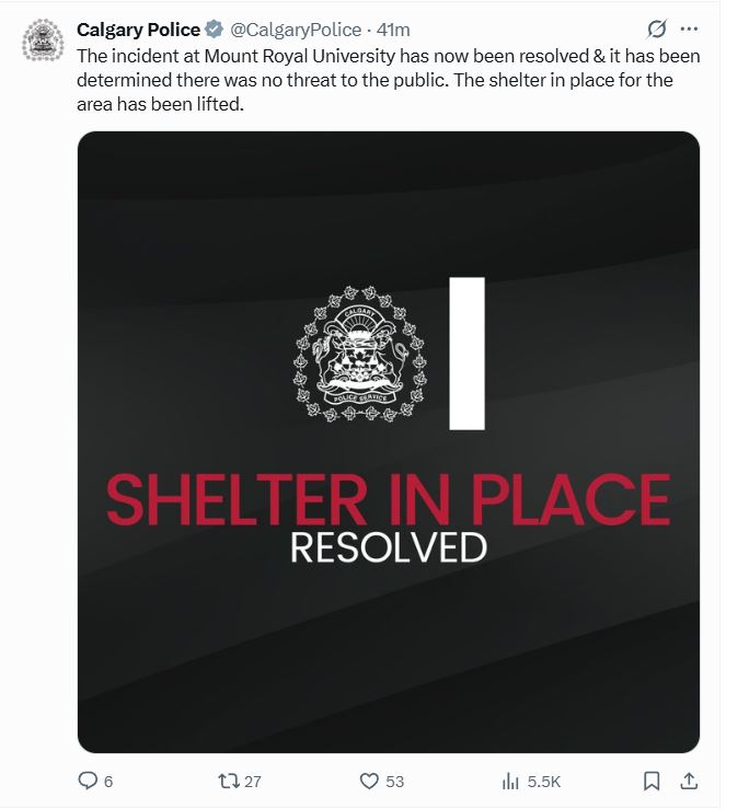 The "shelter in place" order was lifted around 5 p.m. on Monday, after police determined the suspect was a staff member of the university who was working as a chef.