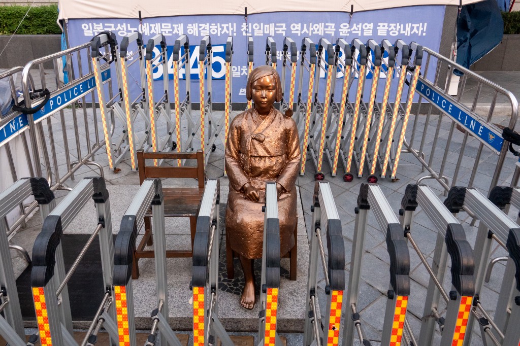 The Comfort Women Statue or the Statue of Peace symbolizing Korean Comfort Women or sex slaves by Japanese military during the Second World War, is seen in front of the former Japanese Embassy in Seoul, South Korea.