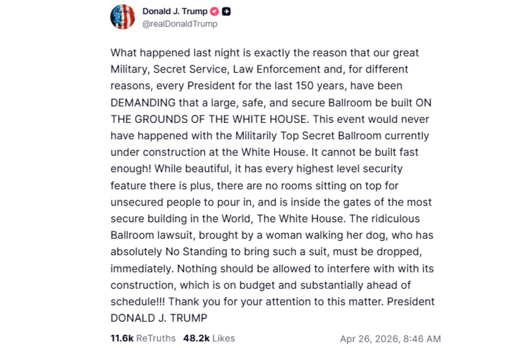 A screenshot of U.S. President Donald Trump’s Truth Social post.