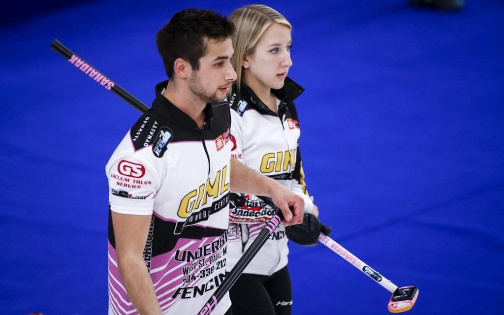 Team Sahaidak/Lott skip Kadriana Sahaidak, right, and third Colton Lott discuss strategy as they play Team Schmiemann/Morris at the Canadian Mixed Doubles Curling Championship in Calgary, Alta., Wednesday, March 24, 2021.THE CANADIAN PRESS/Jeff McIntosh.