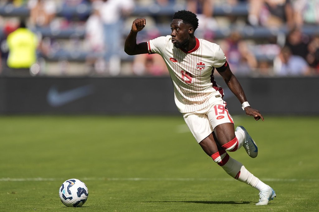 Canada defender Alphonso Davies during the first half of an international friendly soccer game against the United States, Saturday, Sept. 7, 2024, in Kansas City, Mo.