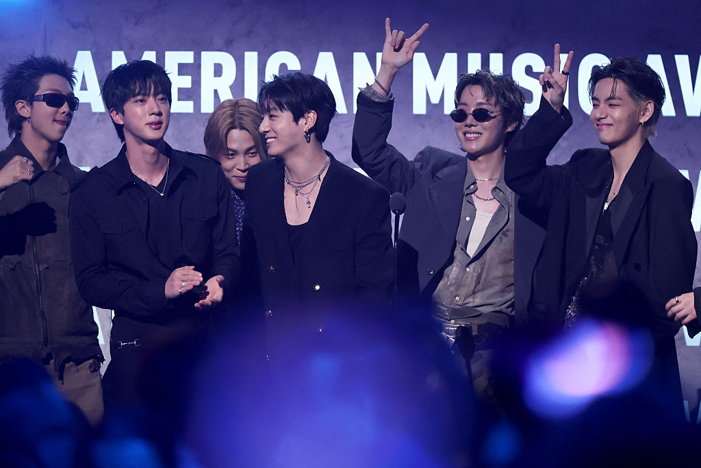 South Korean boy band BTS accepts the Artist of the Year Award on stage during the American Music Awards at the MGM Grand Garden Arena in Las Vegas, Nevada on May 25, 2026. 