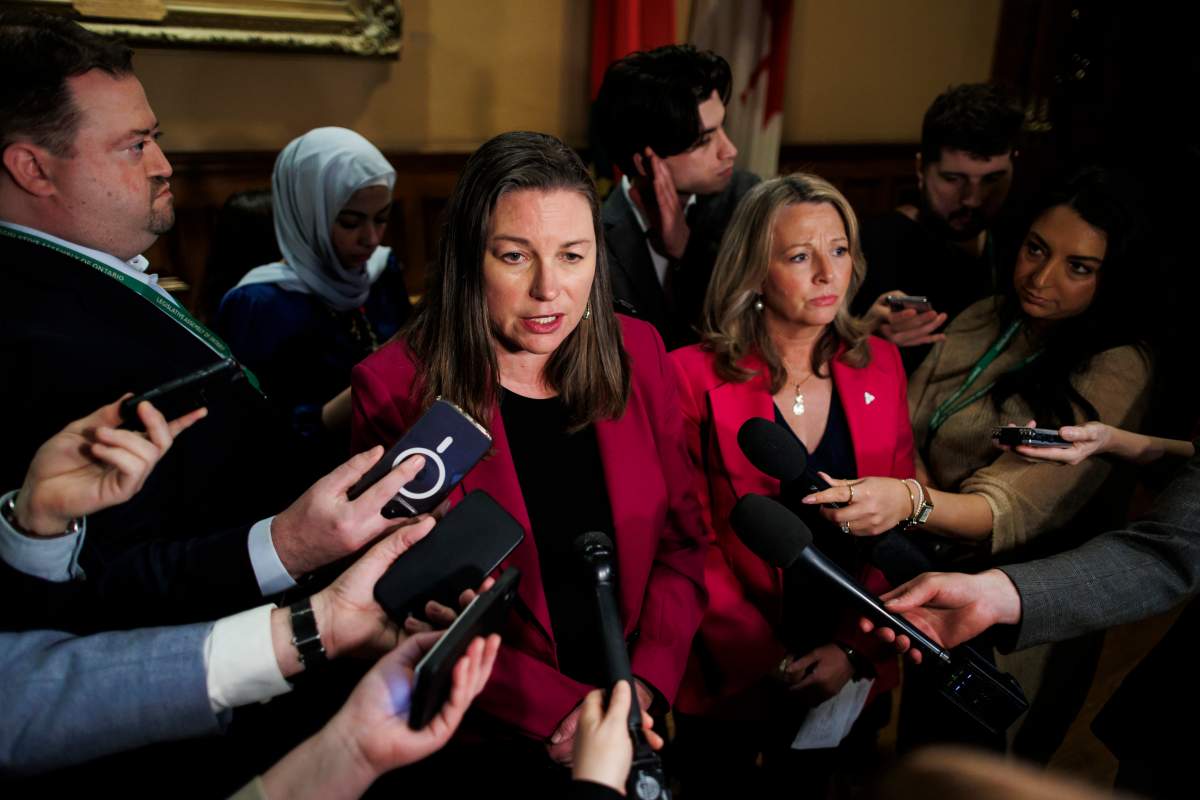 Ontario NDP MPP Catherine Fife talks to media at Queen’s Park in Toronto on May 15, 2024.