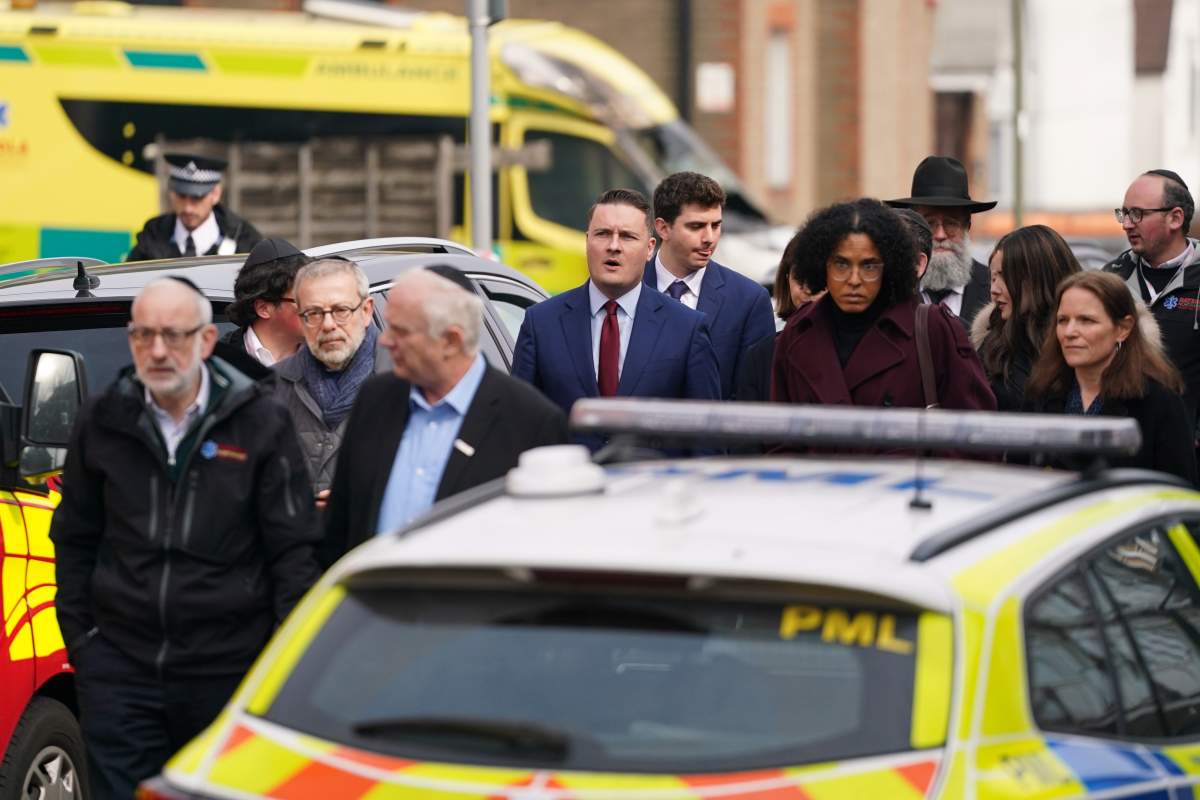 Britain's Secretary of State for Health and Social Care Wes Streeting, at Golders Green in London, Monday, March 23, 2026 after an apparent arson attack on four vehicles belonging to a Jewish ambulance service, Hatzola Northwest, in London.