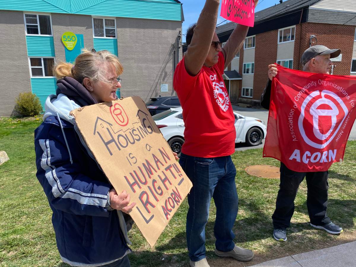 Renter Heather Dunham, left, attends a housing rally in Halifax on Wednesday, May 6, 2026. Renters were speaking out to highlight chronic cockroach, mice and bedbug infestations and disrepair in housing they say landlords are neglecting. 