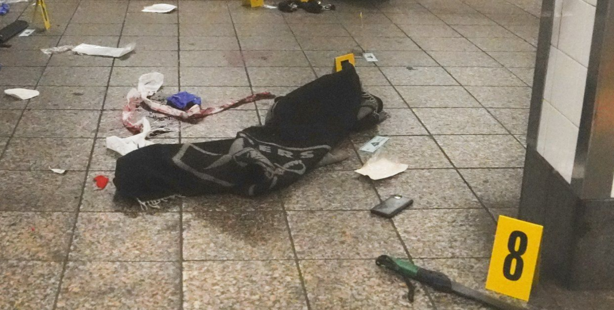 A weapon used to attack three people is shown at the Grand Central subway station in New York on Saturday, April 11, 2026. 