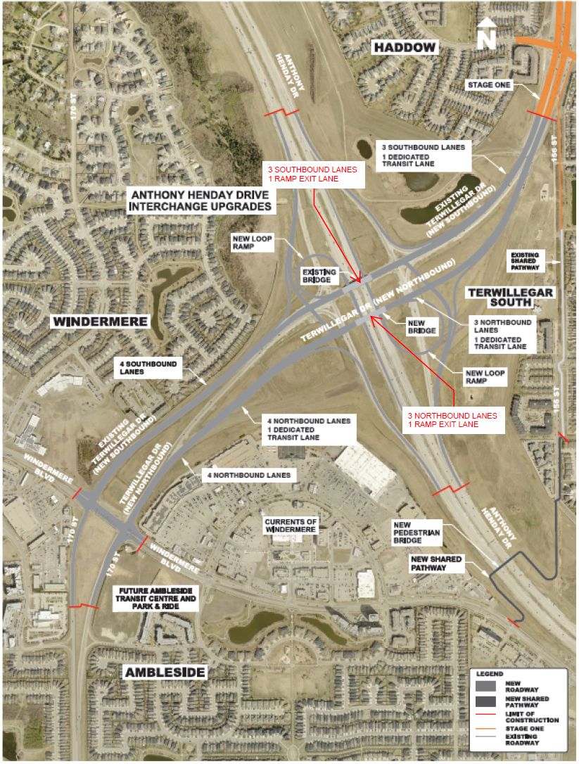 Map showing the planned upgrades to Terwillegar Drive at Anthony Henday Drive in southwest Edmonton.