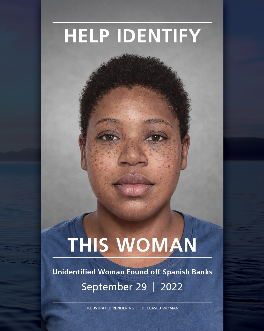 A sketch of what the woman looks like whose body was found off English Bay in 2022.