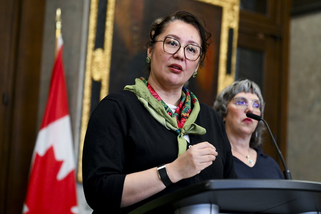 Minister of Indigenous Services Mandy Gull-Masty speaks in the Foyer of the House of Commons on Parliament Hill in Ottawa, on Friday, May 8, 2026.