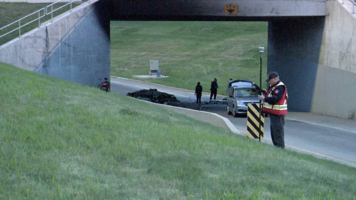Calgary police said it appears the vehicle was travelling westbound on Crowchild Trail when it crashed into an abutment at Northland Drive.