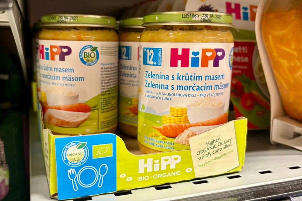 A view of HIPP baby food on a shelf, in Ceske Budejovice, Czech Republic, Sunday, April 19, 2026.
