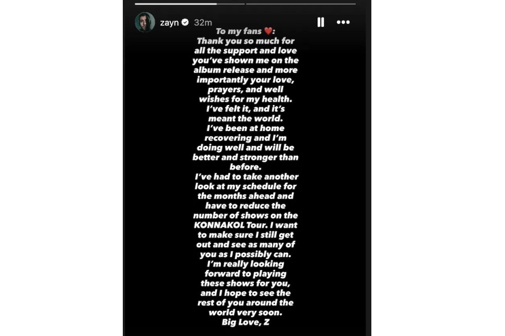 A screenshot of Zayn Malik's Instagram Stories.