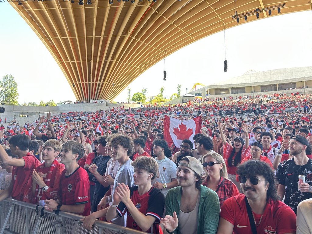 World Cup fans watch Canada's match with Bosnia-Herzegovina, in the PNE Amphitheatre at the FIFA Fan Festival in Vancouver, on Friday, June 12, 2026. THE CANADIAN PRESS/Brieanna Charlebois.