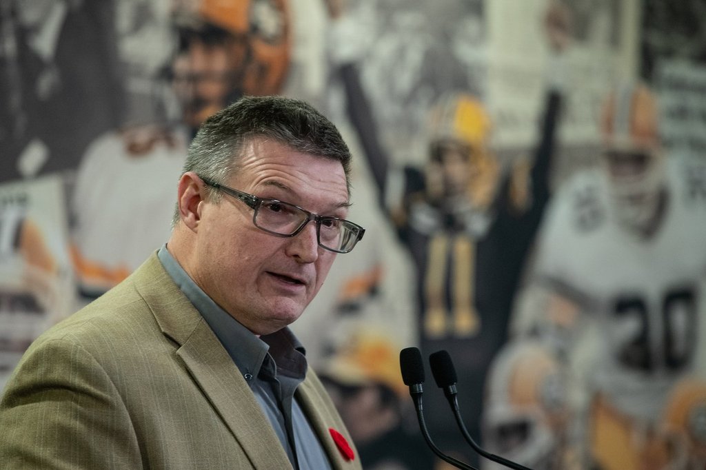 Edmonton Elks new President and CEO Chris Morris speaks during a press conference in Edmonton, on Thursday October 31, 2024. THE CANADIAN PRESS/Jason Franson.