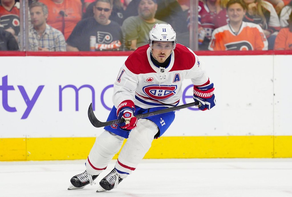 Montreal Canadiens’ Brendan Gallagher in action during an NHL hockey game against the Philadelphia Flyers, April 14, 2026, in Philadelphia.