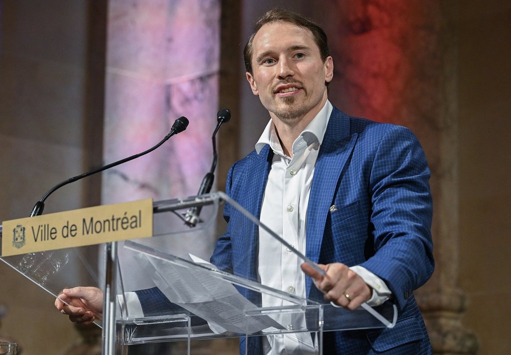 Montreal Canadiens player Brendan Gallagher speaks during a ceremony naming him as a Citizen of Honour at City Hall in Montreal, on Thursday, June 25, 2026.