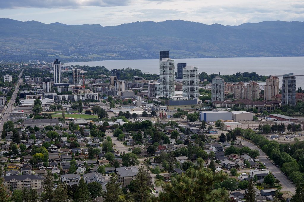 Downtown Kelowna, B.C., is seen on Saturday, May 30, 2026. The Okanagan city of 165,907 will host the B.C. Lions' next two home games while BC Place is used for the FIFA World Cup.